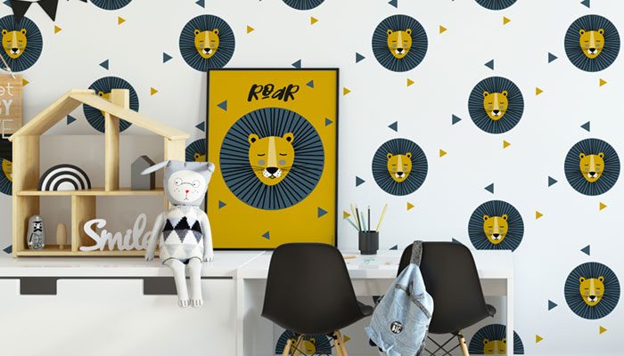 behang jongenskamers, hip kinderbehang, behang met leeuwen, jongenskamerstyling