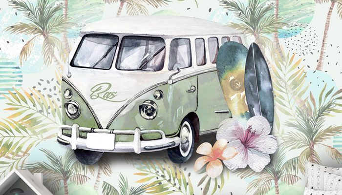 retro behang, surfing sfeer behang, fotobehang, volkswagen bus behang, jongens behang met naam, kinderbehang